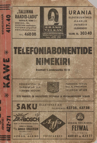 Telefoniabonentide nimekiri : andmeil 15. veebruariks 1940 