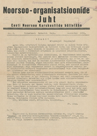 Noorsoo-organisatsioonide Juht : Eesti Noorsoo Karskusliidu bülletään ; 3 1934-09