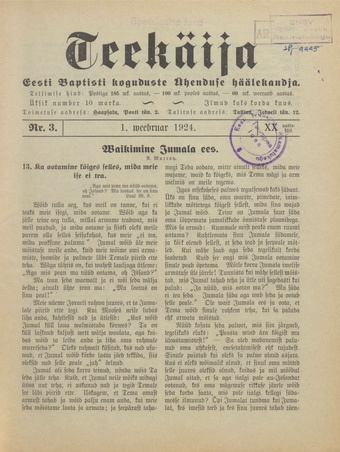 Teekäija : Eesti Baptisti Koguduse Ühenduse häälekandja ; 3 1924-02-01