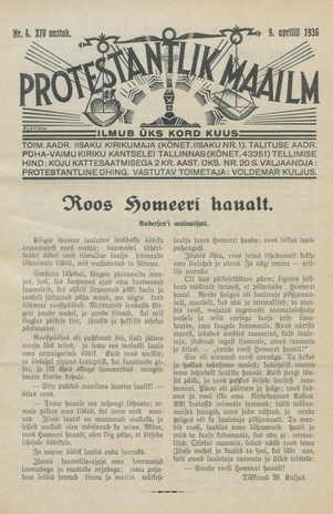 Protestantlik Maailm : Usu- ja kirikuküsimusi käsitlev vabameelne ajakiri ; 4 1936-04-09