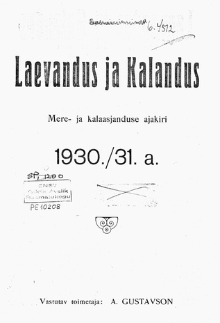 Laevandus ja Kalandus ; sisukord 1930-1931