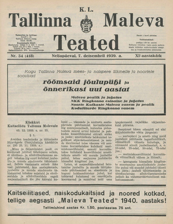 K. L. Tallinna Maleva Teated ; 34 (418) 1939-12-07