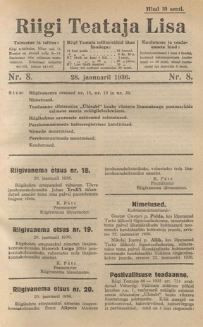Riigi Teataja Lisa : seaduste alustel avaldatud teadaanded ; 8 1936-01-28