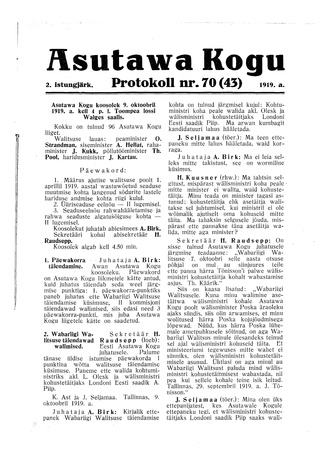 Asutawa Kogu protokoll nr.70 (43) (9. oktoober 1919)