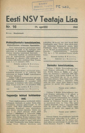 Eesti NSV Teataja lisa ; 16 1941-04-29