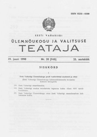 Eesti Vabariigi Ülemnõukogu ja Valitsuse Teataja ; 20 (940) 1990-06-29
