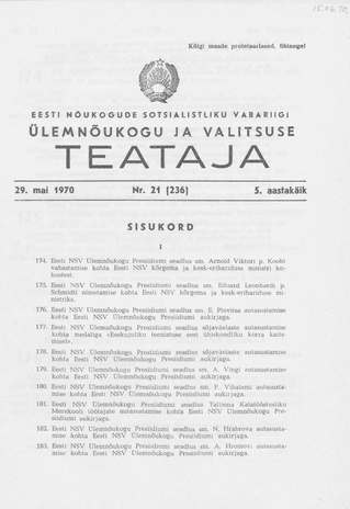 Eesti Nõukogude Sotsialistliku Vabariigi Ülemnõukogu ja Valitsuse Teataja ; 21 (236) 1970-05-29