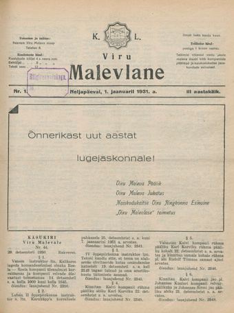 K. L. Viru Malevlane ; 1 1931-01-01