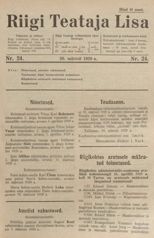 Riigi Teataja Lisa : seaduste alustel avaldatud teadaanded ; 24 1929-03-26