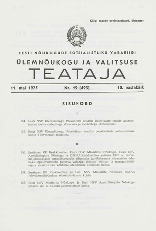 Eesti Nõukogude Sotsialistliku Vabariigi Ülemnõukogu ja Valitsuse Teataja ; 19 (493) 1975-05-11