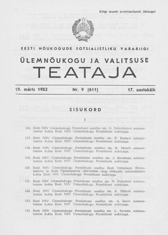 Eesti Nõukogude Sotsialistliku Vabariigi Ülemnõukogu ja Valitsuse Teataja ; 9 (611) 1982-03-19