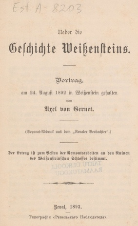 Ueber die Geschichte Weissensteins : Vortrag, am 24. August 1892 in Weissenstein gehalten