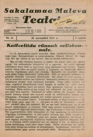 Sakalamaa Maleva Teataja ; 21 1933-11-28