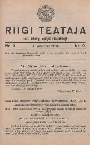 Riigi Teataja. Eesti Vabariigi lepingud välisriikidega ; 9 1938-11-08