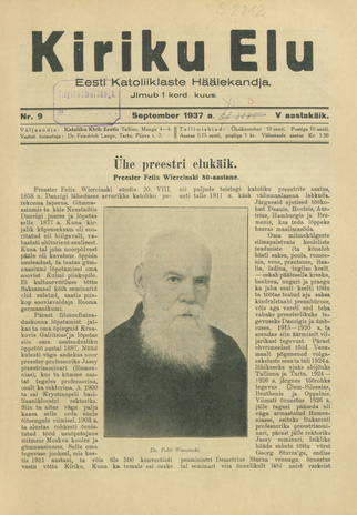 Kiriku Elu : Eesti Katoliiklaste Häälekandja ; 9 1937-09-15