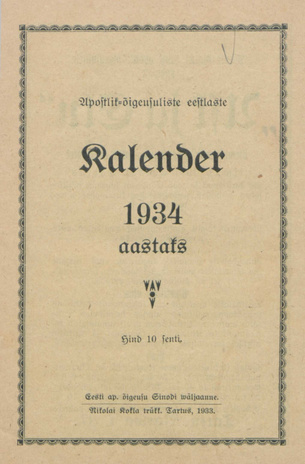 Apostlik-õigeusuliste eestlaste kalender 1934 aastaks ; 1933
