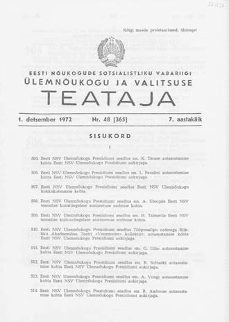 Eesti Nõukogude Sotsialistliku Vabariigi Ülemnõukogu ja Valitsuse Teataja ; 48 (365) 1972-12-01