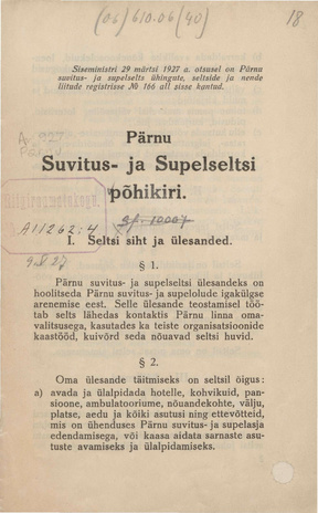 Pärnu Suvitus- ja Supelseltsi põhikiri : registreeritud 29. märtsil 1927. a.