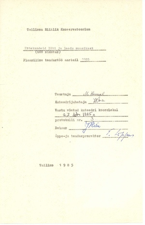 Ettekandeid läti ja leedu muusikast : plaaniline teadustöö aastal 1985