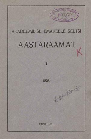 Akadeemilise Emakeele Seltsi aastaraamat ; I 1920