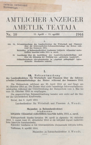 Ametlik Teataja. I/II osa = Amtlicher Anzeiger. I/II Teil ; 10 1944-04-11