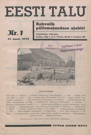 Eesti Talu : rahvalik põllumajanduse ajakiri ; 1 1938-01-21