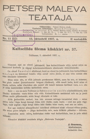 Petseri Maleva Teataja ; 11 (27) 1937-10-15