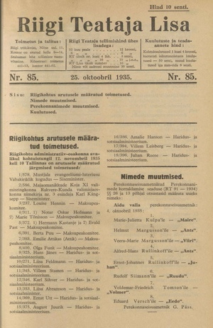 Riigi Teataja Lisa : seaduste alustel avaldatud teadaanded ; 85 1935-10-25