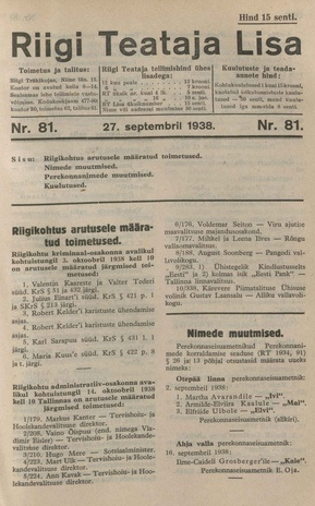 Riigi Teataja Lisa : seaduste alustel avaldatud teadaanded ; 81 1938-09-27