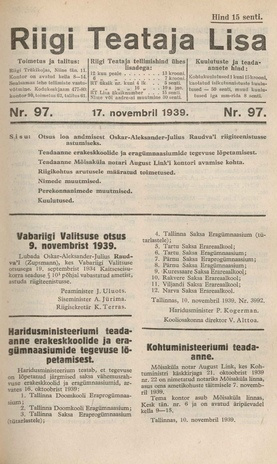 Riigi Teataja Lisa : seaduste alustel avaldatud teadaanded ; 97 1939-11-17