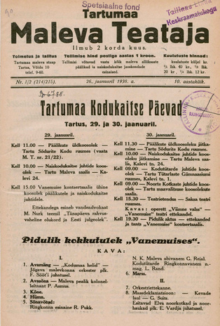 Tartumaa Maleva Teataja ; 1/2 (214/215) 1938-01-26