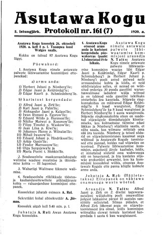 Asutawa Kogu protokoll nr.161 (7) (26. oktoober 1920)