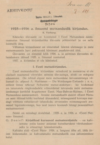 1925.-1926. a. ilmunud metsanduslik kirjandus
