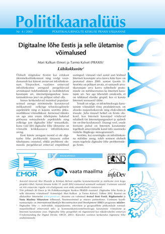 Digitaalne lõhe Eestis ja selle ületamise võimalused : lühikokkuvõte (Poliitikaanalüüs : Poliitikauuringute Keskuse Praxis väljaanne ; 4)