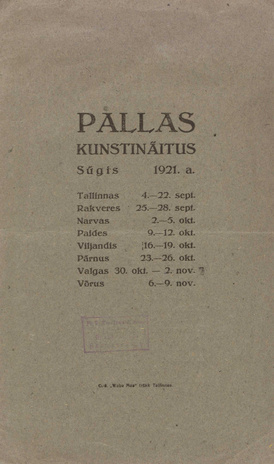 Pallas : kunstinäitus : sügis 1921 : rändnäituse kataloog