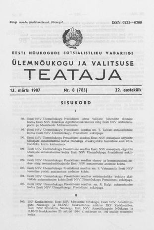 Eesti Nõukogude Sotsialistliku Vabariigi Ülemnõukogu ja Valitsuse Teataja ; 8 (785) 1987-03-13