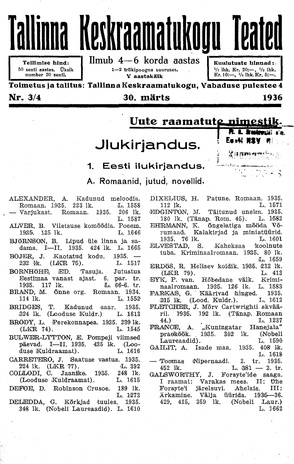 Tallinna Keskraamatukogu Teated ; 3-4 1936-03-30
