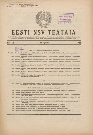 Eesti NSV Teataja ; 15 1945-04-28