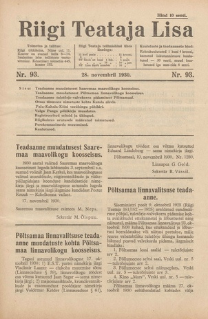 Riigi Teataja Lisa : seaduste alustel avaldatud teadaanded ; 93 1930-11-28