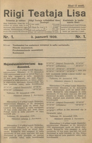 Riigi Teataja Lisa : seaduste alustel avaldatud teadaanded ; 1 1939-01-03