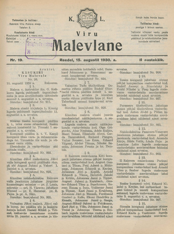 K. L. Viru Malevlane ; 19 1930-08-15