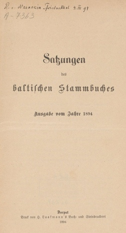 Satzungen des baltischen Stammbuches : Ausgabe vom Jahre 1894