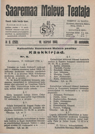 Saaremaa Maleva Teataja ; 5 (253) 1940-03-14
