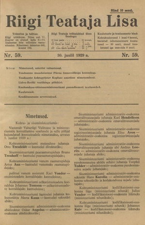 Riigi Teataja Lisa : seaduste alustel avaldatud teadaanded ; 59 1929-07-30