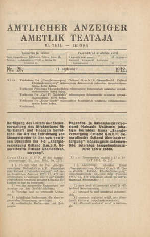 Ametlik Teataja. III osa = Amtlicher Anzeiger. III Teil ; 28 1942-09-11