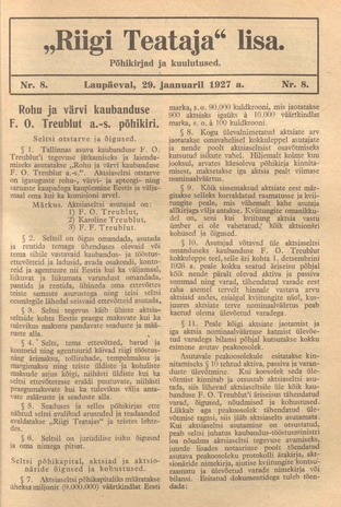 Riigi Teataja Lisa : seaduste alustel avaldatud teadaanded ; 8 1927-01-29