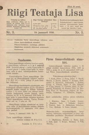 Riigi Teataja Lisa : seaduste alustel avaldatud teadaanded ; 3 1930-01-10