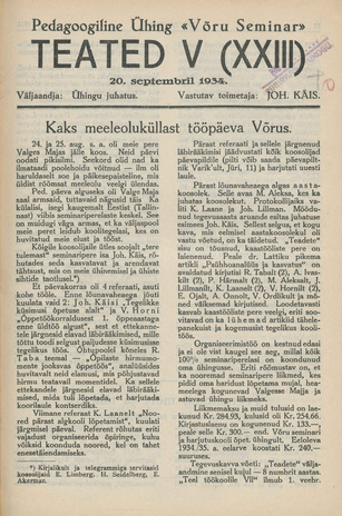 Pedagoogiline Ühing "Võru Seminar" : teated ; V (XXIII) 1934-09-20