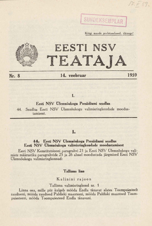 Eesti NSV Teataja = Ведомости Эстонской ССР ; 8 1959-02-14