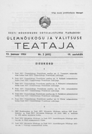 Eesti Nõukogude Sotsialistliku Vabariigi Ülemnõukogu ja Valitsuse Teataja ; 2 (695) 1984-01-13